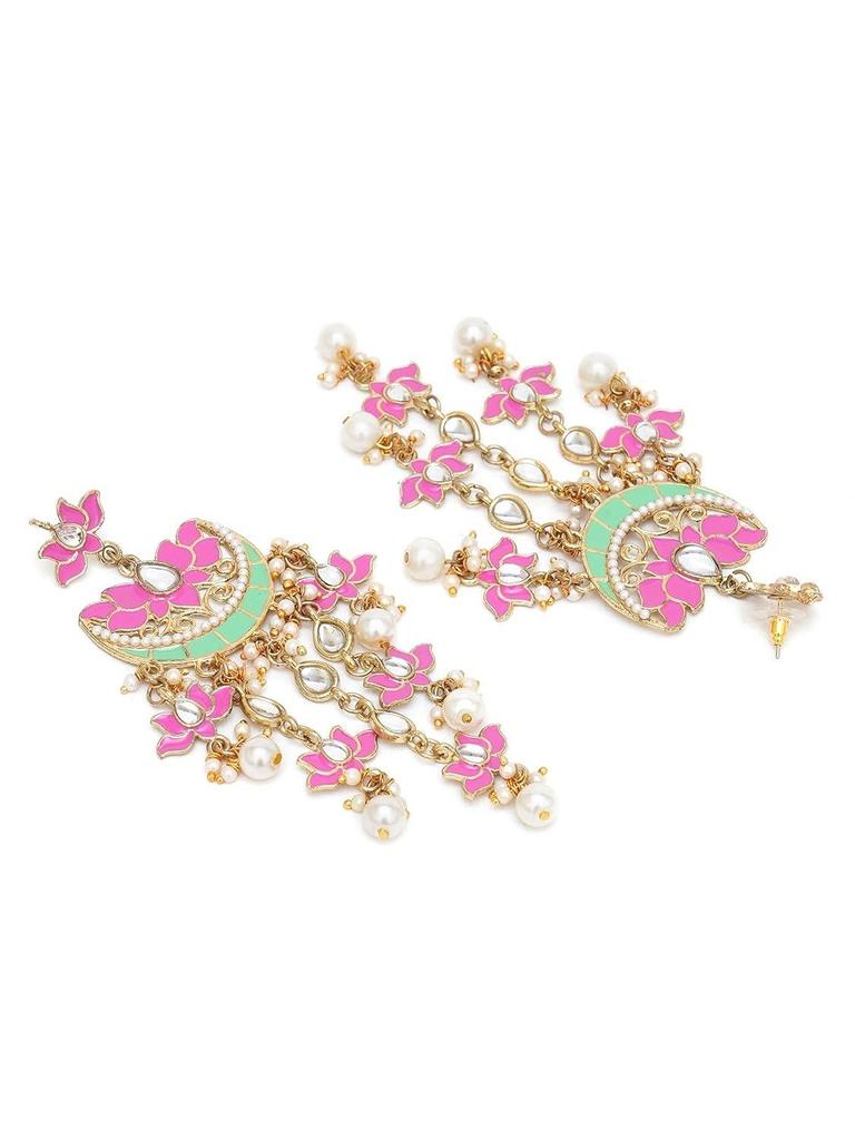 Vergoldete rosa Meena Lotus Design Kundan Hängeohrringe für Damen