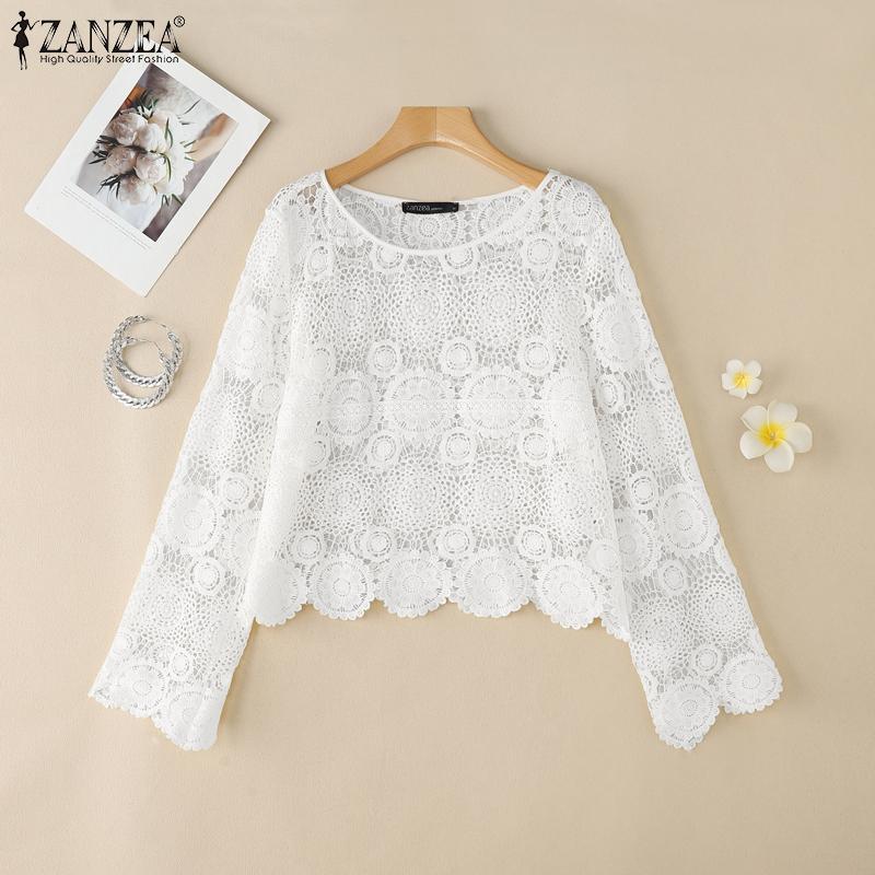 ZANZEA Womens Summer Long Sleeve Hollow Out Lace Crochet Cover Up Blouse