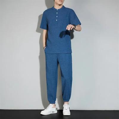 Completi Casual da Uomo 2 Pezzi Dinastia Tang T-shirt Pieghettata in Cotone e Lino + Pantaloni Set in Seta Ghiacciata Set da Uomo Due Pezzi Primavera Estate 2025