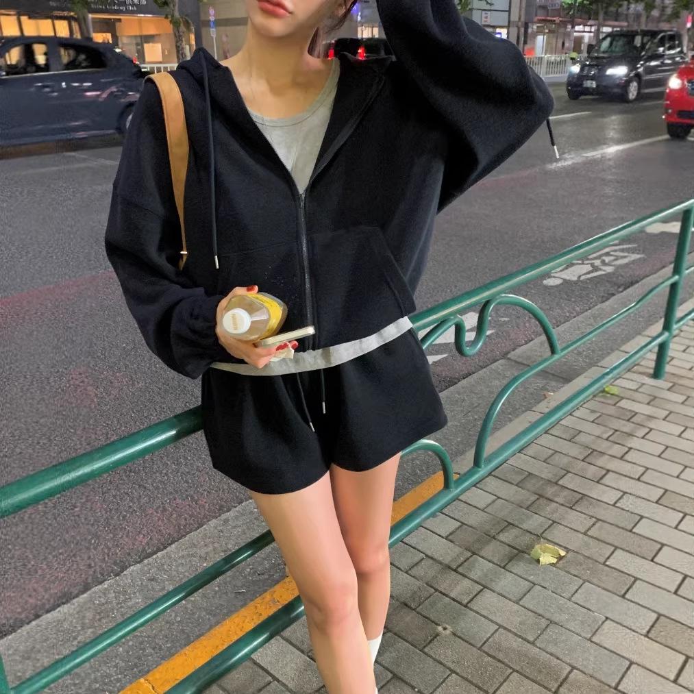 

Korean Dongdaemun Casual Loose Long Sleeve Hoodie Cardigan & Shorts Women s Set. One Size