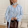 Talenza Casual Ribbon Shirt Summer Ruffle Long Sleeve Loose Office Lady Shirt Top Solid See Through V-Neck Pullover Women Blouse