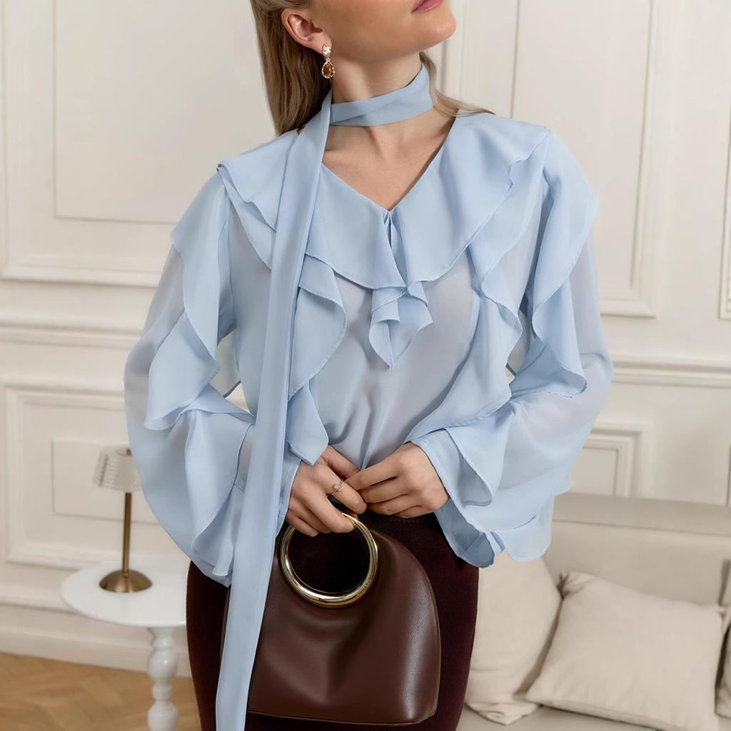 Talenza Casual Ribbon Shirt Summer Ruffle Long Sleeve Loose Office Lady Shirt Top Solid See Through V-Neck Pullover Women Blouse