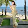 Sexy Vacation Wind Backless V-neck Floral Suspender Dress Women's Summer Pleated Lace-up Waist-wrapped Hip Long Skirt