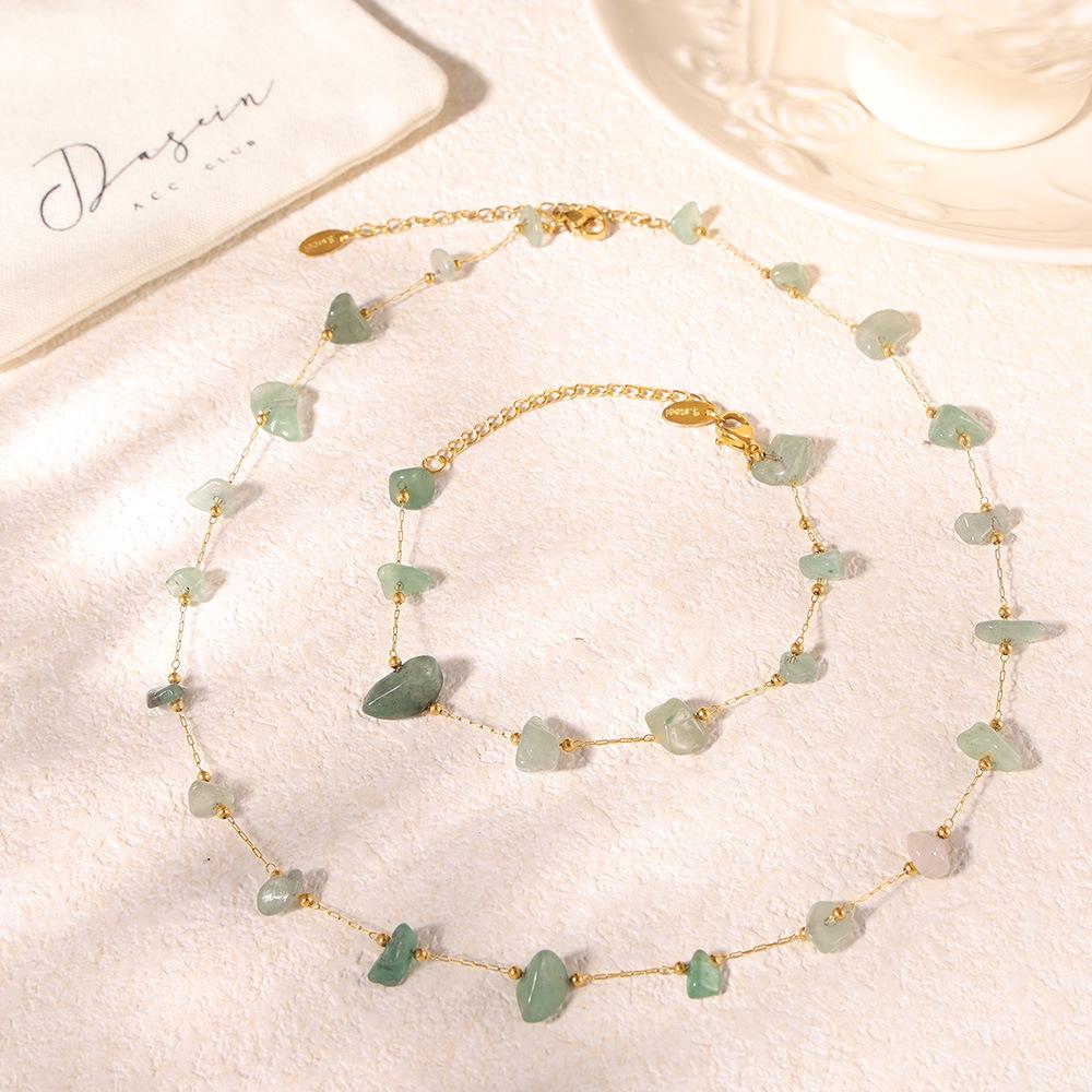 Natural Green Stone & Stainless Steel Collarbone Necklace and Bracelet Set