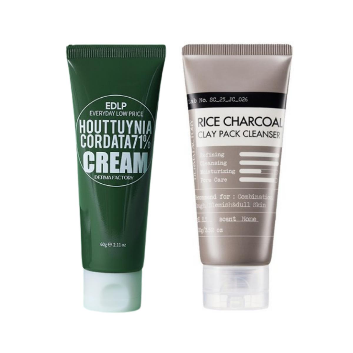 [DERMA FACTORY]  Rice Charcoal Clay Pack Cleanser 100g + EDLP Houttuynia Cordata 71% Cream 60g Set Cleanser 100g + Cream 60g