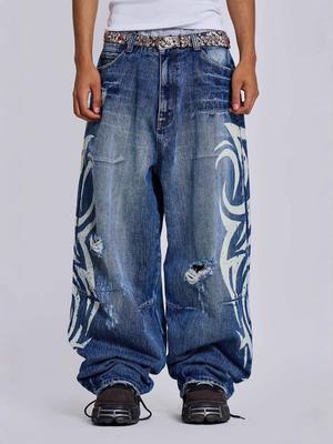 Unisex Graffiti Printed Jeans Women Harajuku High Street Large Size Loose Denim Pants Casual High Waist Jeans