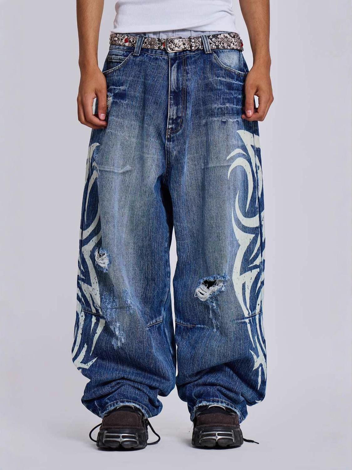 

Джинсы унисекс с принтом граффити Женские Харадзюку Уличный стиль Большой размер Свободные джинсовые брюки Повседневные джинсы с высокой талией S синий