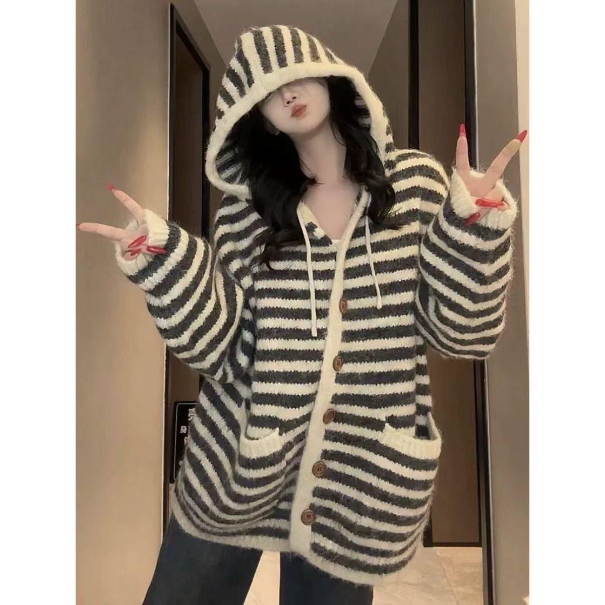 

Ретро женский вязаный кардиган с капюшоном и цветными блоками - Осень/Зима Свободный крой L (Recommended 52.5kg-60kg) светло-серый