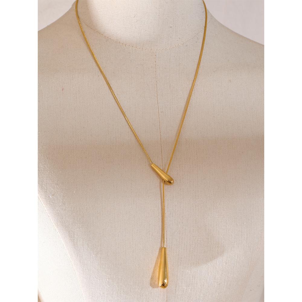 Yhpup 55+5cm Stainless Steel Water Drop Long Adjustable Necklace Pendant Gold & Platinum PVD Plated Charm Versatile Jewelry Gift