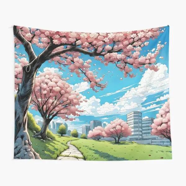 Anime Scenery Tapestry Japanese Mountain with Cherry Blossom Tapestries Sakura Village Wall Tapestry for Bedroom Aesthetic Decor