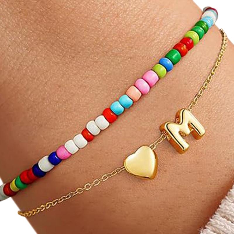 Double Layer Heart Beaded Bracelet Feature Initial Charm Letter Fashion Copper Jewelry Gift For Teen Girls Women