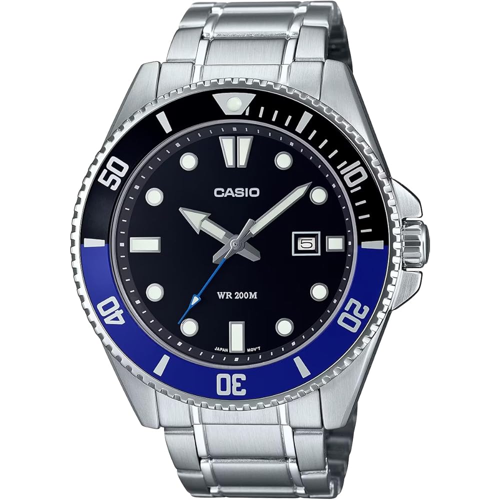 

Casio Standard Analog Sports Watch 20 ATM Water Resistant Men s Black Blue Bezel Metal Band