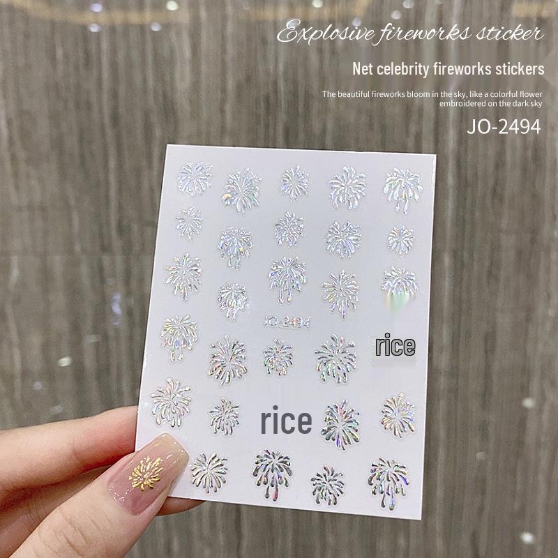 

2025 New Year Dreamy Fireworks Nail Stickers: Colorful Glitter Shell Flakes Embossed Nail Decorations