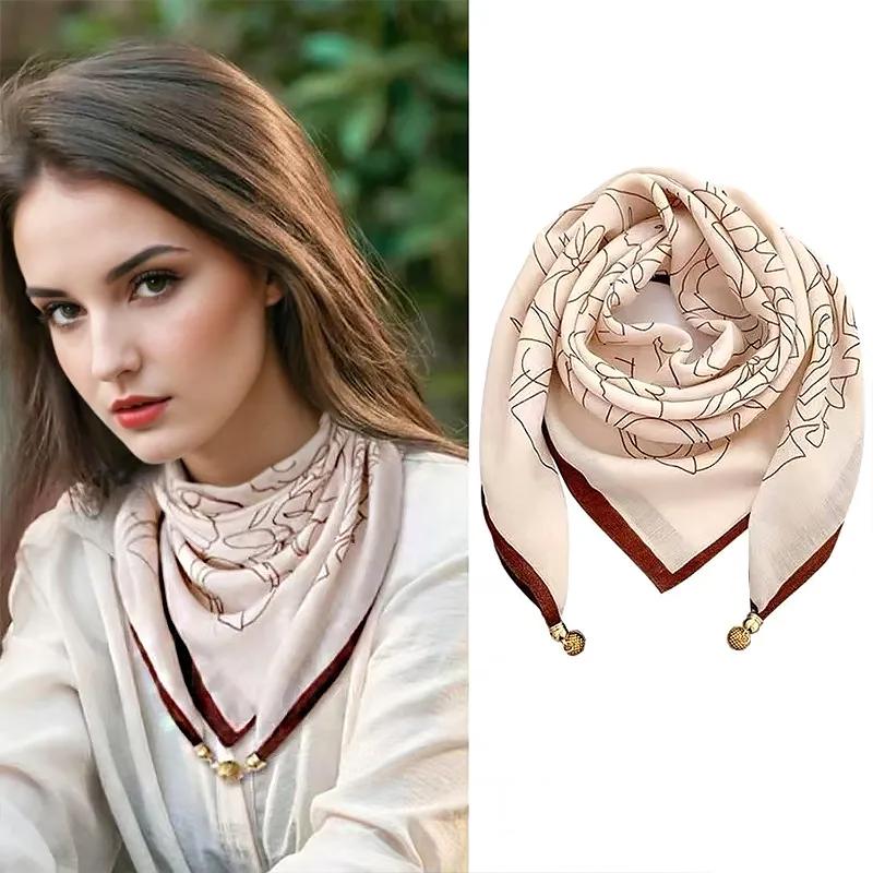 106x65cm Necklace Gift Silk Scarf Elegant Painted Pattern Versatile Neck Scarf Luxury Magnetic Closure French Style Multi-Color