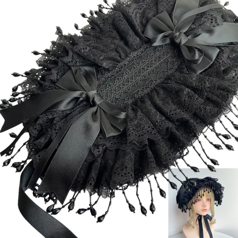 Gothic Handmade Lace Bonnet With Black Bowknot and Fringed Trim Design Adjustable Tie Headpiece For Women Cosplay Event