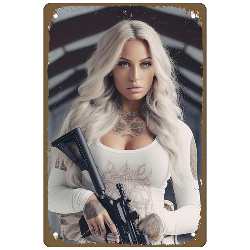 

Tin Wall Art Sleeveless Woman with Tattoos and Guns Modern Iron Decor for Kitchen Bedroom Home Bar Garage Unique Design aluminum 20x30cm