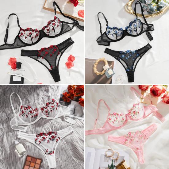 2Pcs/Set Sexy Floral Embroidered Bra Briefs Set Adjustable Straps Cut Out Unpadded Underwear with Mid-Rise Panties