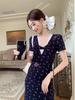 French Blue Vneck Lace Floral Maxi Dress With Slim Fit For Summer 2026
