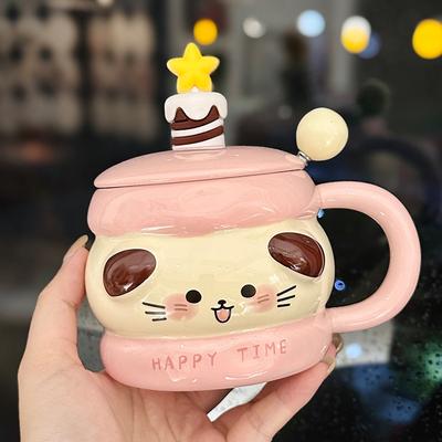 Cartoon Cute Sandwich Biscuits Ceramic Mug With Lid Spoon Cute Water Cup For Girls Girlfriends Gift Souvenir