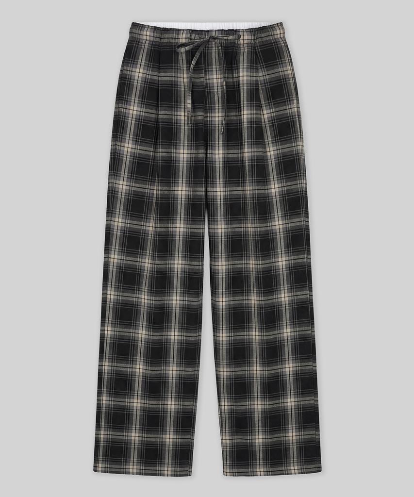 Beodeonteu Check Layered Single-Pleat Wide Pants [Black]