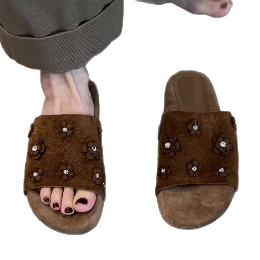 Keep version~ Fashion soft leather flower open-toed cool slippers women's summer new thick-soled outer wear anti-velvet versatile sandals