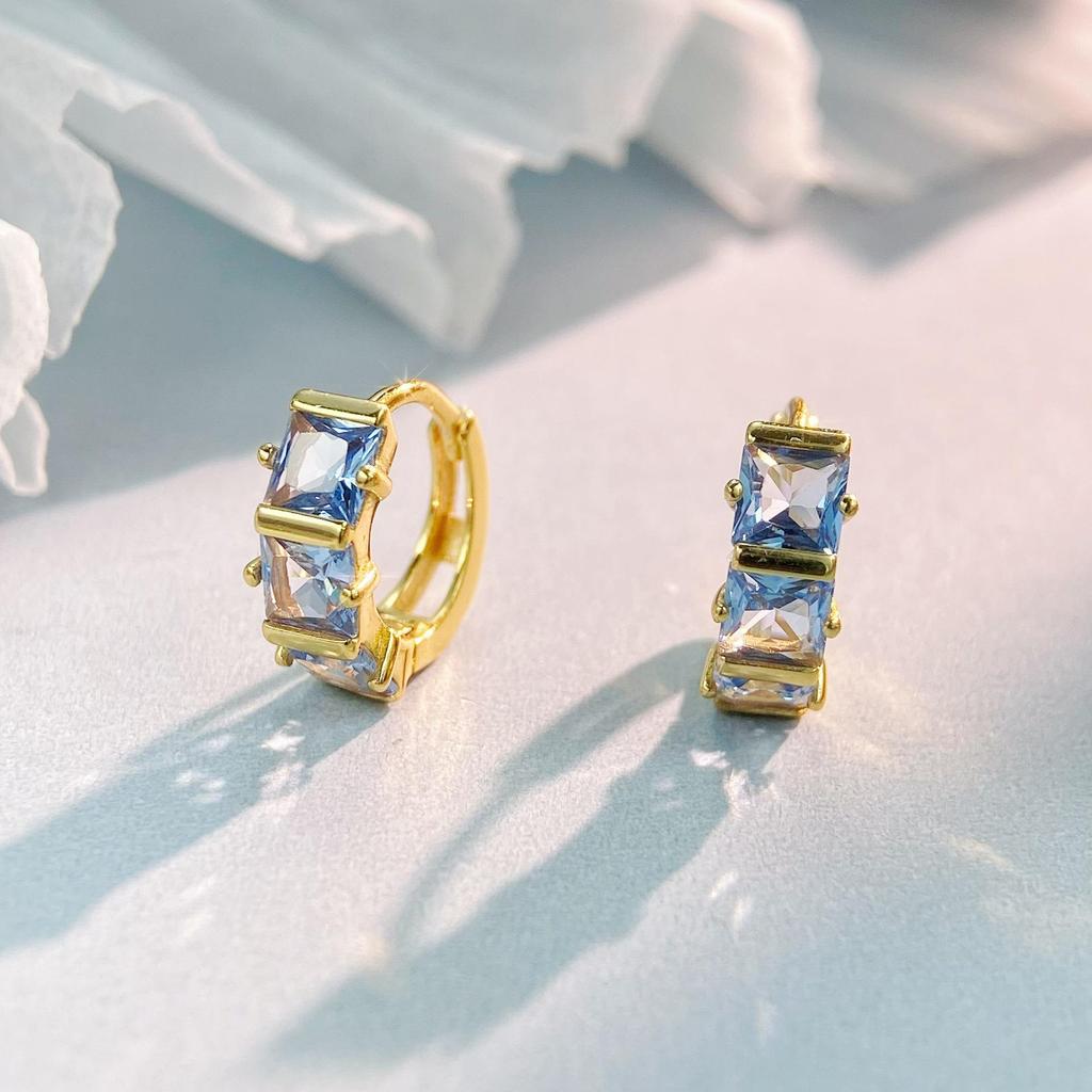 18K Gold-Plated S925 Sterling Silver Earrings, Geometric Blue Zirconia, Retro Versatile Design
