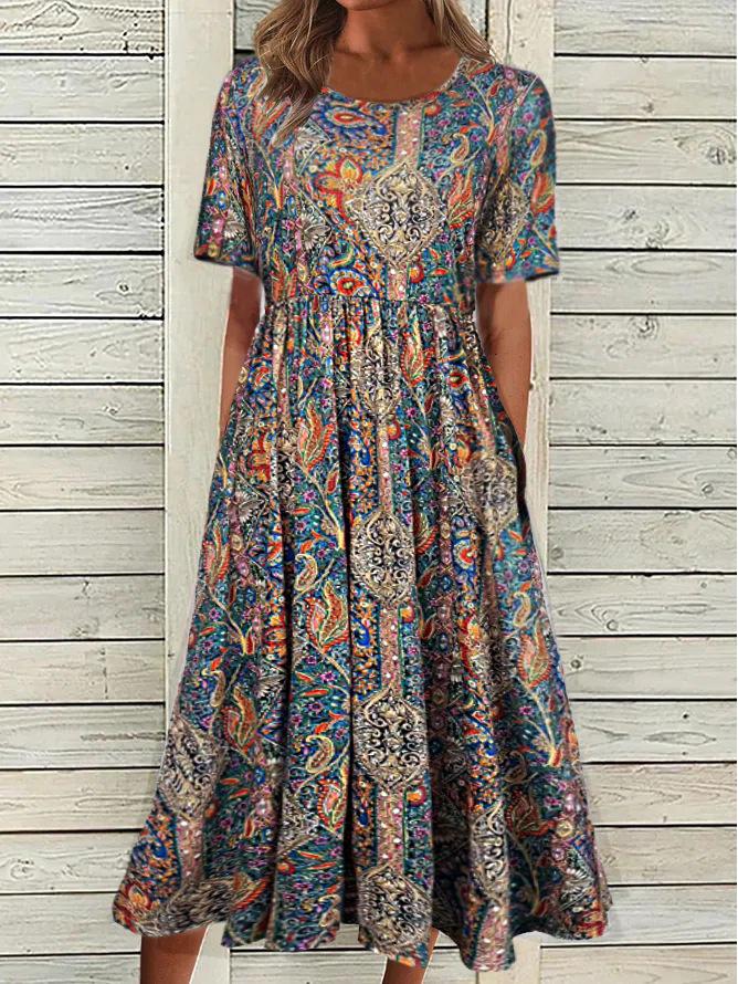 2024 Summer Bohemian Print Women's Maxi Dress with Round Neck and Short Sleeves