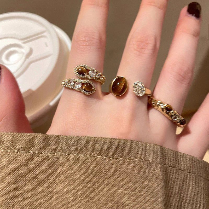 Maillard Tiger's Eye Stone Zircon Ring Girls 2025 New Light Luxury High-end Index Finger Ring Fashion Personality Ring