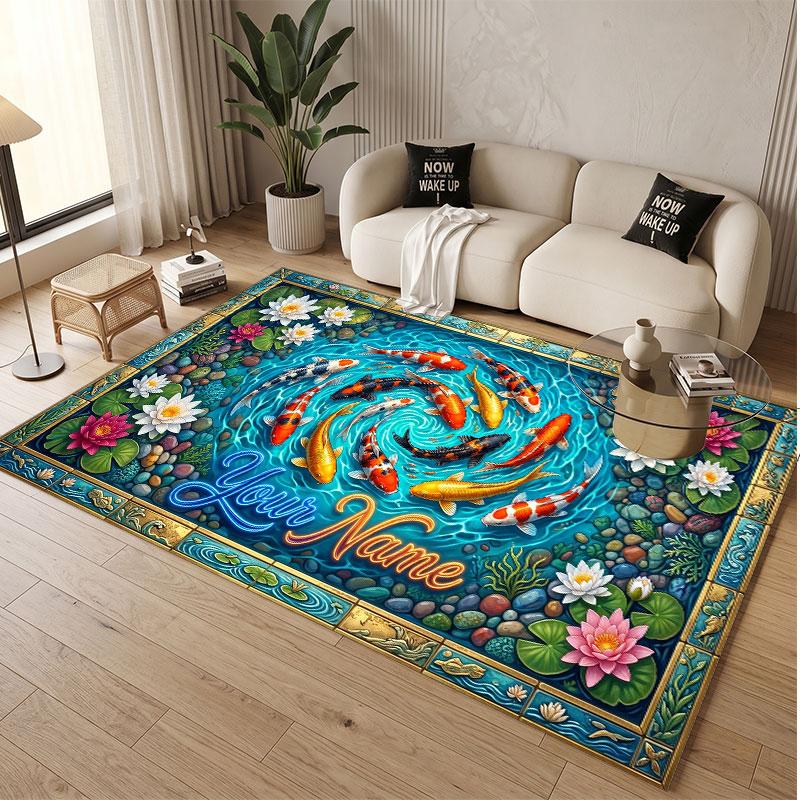 Koi Fish Theme Soft Crystal Velvet Rug Custom Name & Text Print Non Slip Floor Rug for Bedroom Living Room