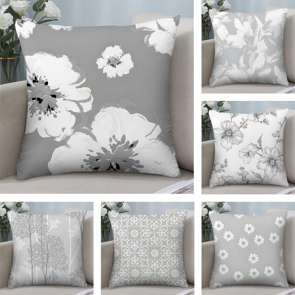 Gray Low White Flower Pattern Cushion Cover Plush Fabric Soft DoubleSided Printed Sofa Warm Winter Home Child Gift Pillow Case