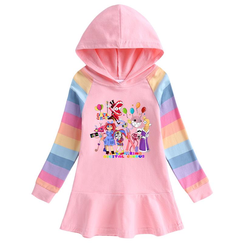 2026 Spring/Autumn Ruffle Rainbow Cartoon Girls' Long Sleeve Hooded Sweatshirt Dress