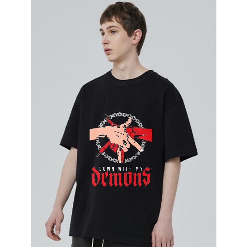 Black T Shirt With Demon Hands Chain And Down With My Demons Print For Casual Streetwear Style