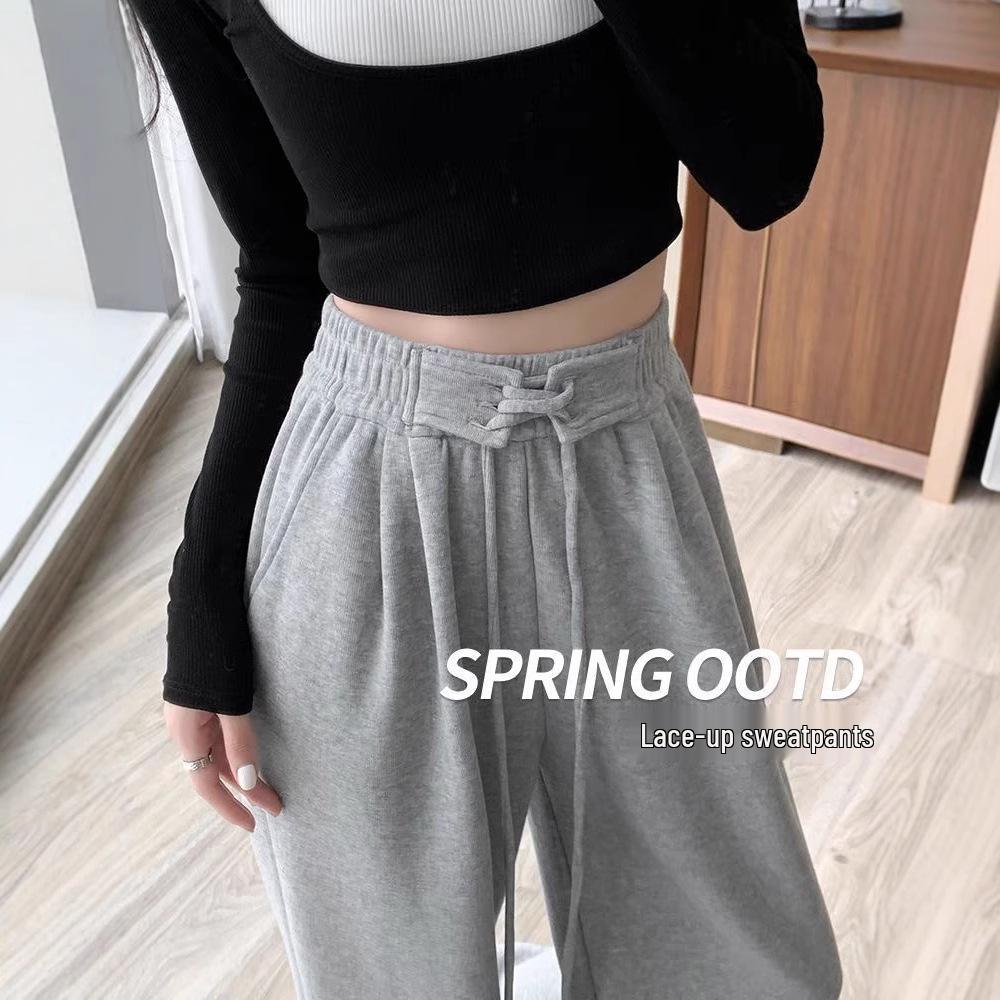 

Women s Gray High-Waisted Wide-Leg Sweatpants - Spring/Autumn Thin Drapey Straight-Leg Sports Pants 2XL