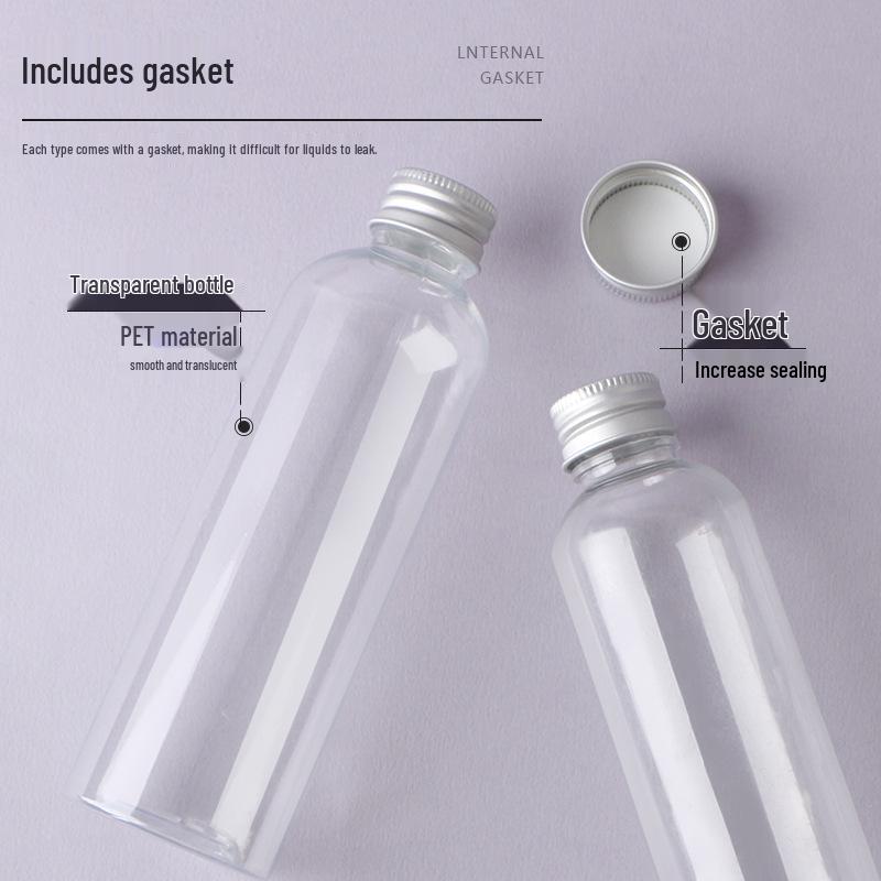 Transparente PET-Flasche mit Aluminiumkappe zur Flüssigkeitsabgabe, 10-100 ml, mit versiegeltem Deckel für Lotionen