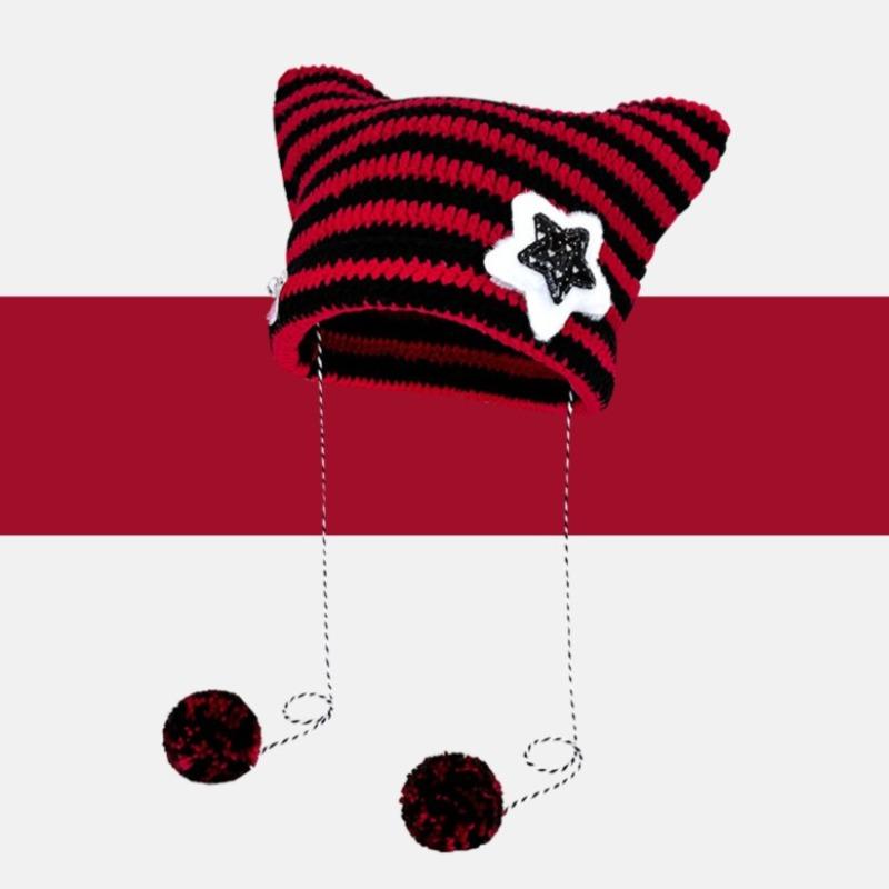 Y2K Beanie Hat Ins Devil Ear Striped Knitted Cap Autumn Winter Hip-hop Cute Cat Ears Pointed Pullover Women's Hats
