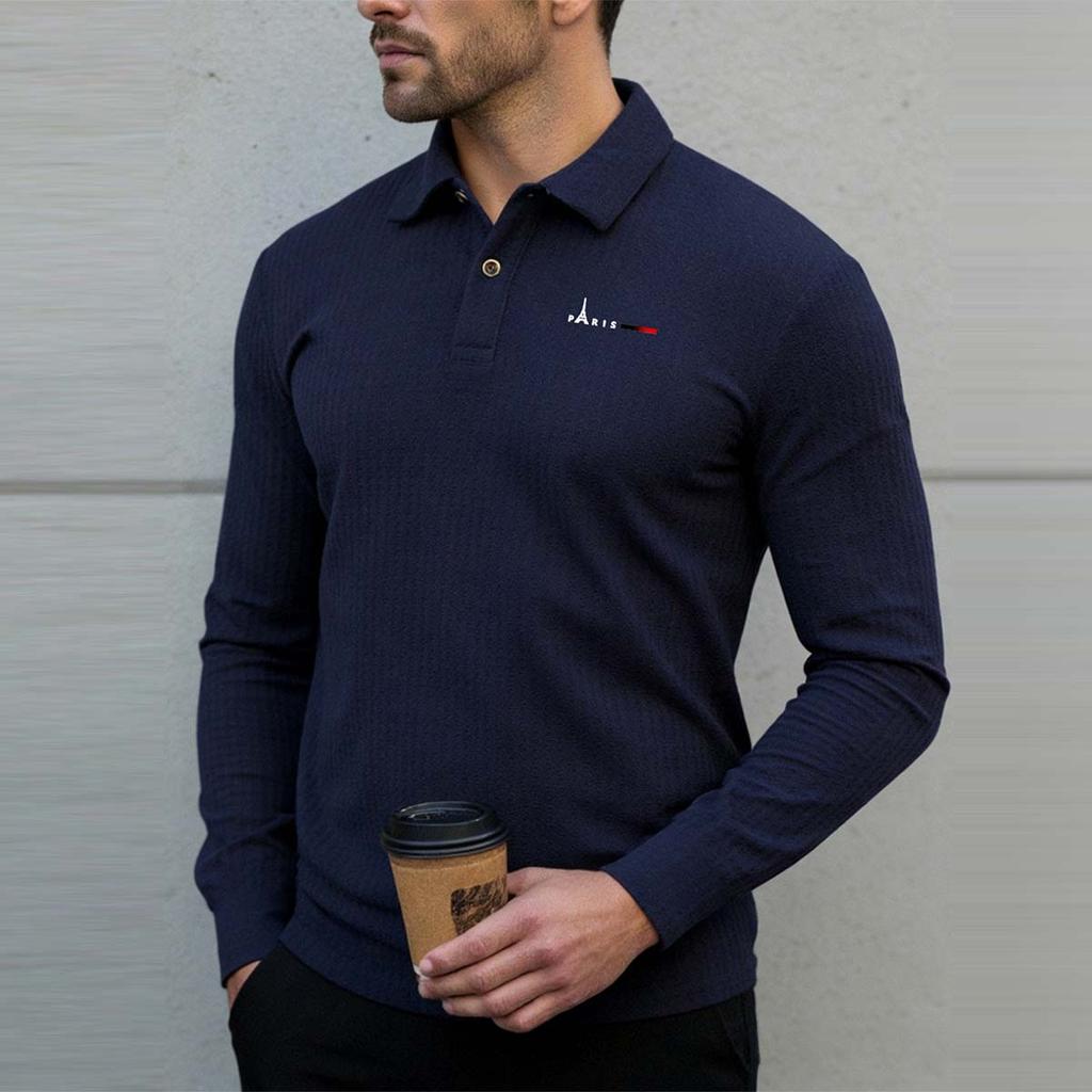 Men's Waffle Knit Paris Eiffel Tower Long Sleeve Polo