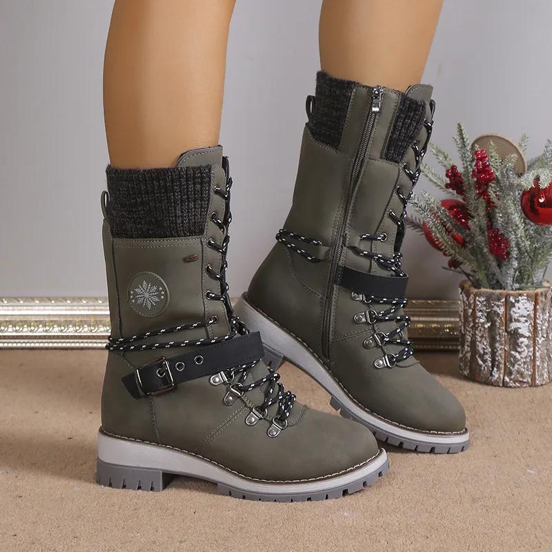 Women Winter Boots Buckle Lace Lady Mid-calf Boots Low Heel Round Toe Quality Warm Shoes Botas De Mujer