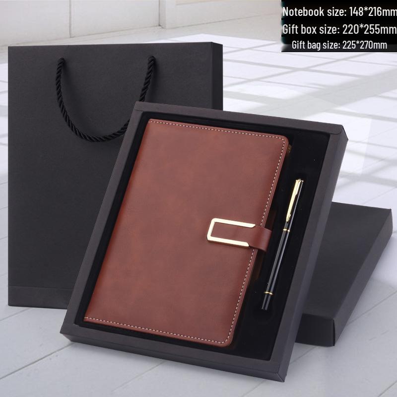 Men's Business Notebook with Printed Pages, Leather Cover, Magnetic Buckle, and Pen Holder. Perfect for Meeting Minutes and Office Use.