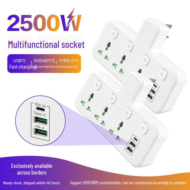 "Multifunctional USB Power Socket: UK, EU, US Standards, 220V"