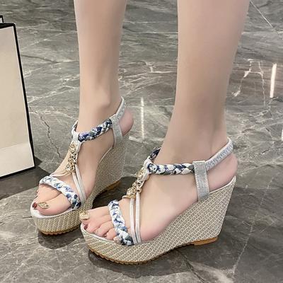 Women's Summer New Slope-heeled Women's Shoes Color-blocked Fabric Compilation Open-toe Casual Sandals