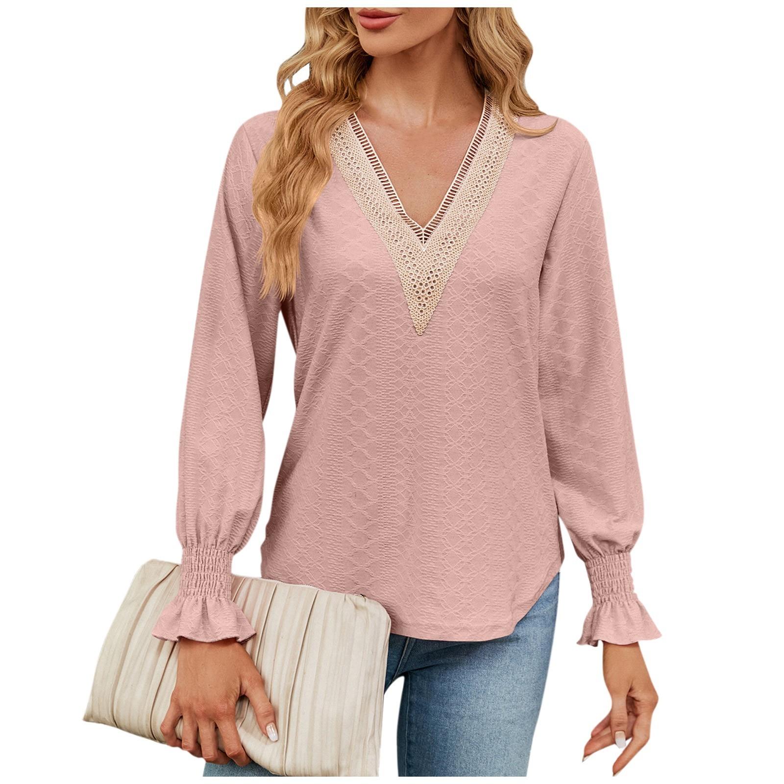 

Женская модная однотонная кружевная свободная футболка с V-образным вырезом и длинным рукавом XL