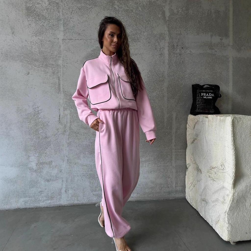 Women's European & American Fashion Autumn Cardigan and Casual Pants Set with Half High Neck and Pockets