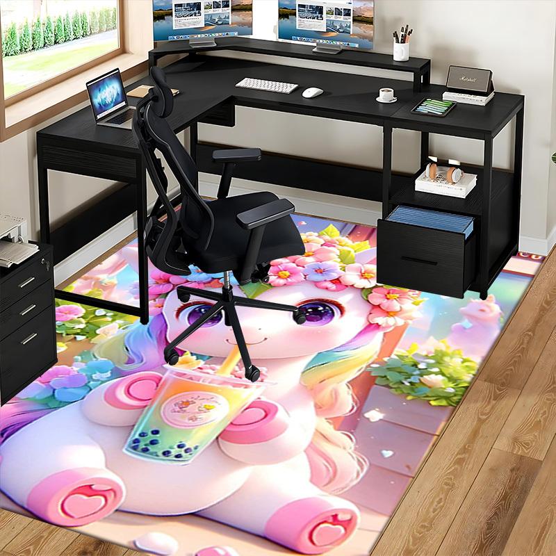 1pc Anime Unicorn Flower Crown Chair Mat - Office Desk Pad with Bubble Tea Design, Non-Slip Carpet for Home Decor, Suitable for All Seasons, Perfect G