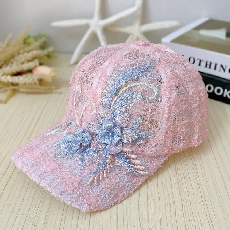 Breathable Summer Thin Lace Baseball Cap Women's Embroidered Flower Mesh Sunshade Hat Korean Style Fashionable Outdoor Cap