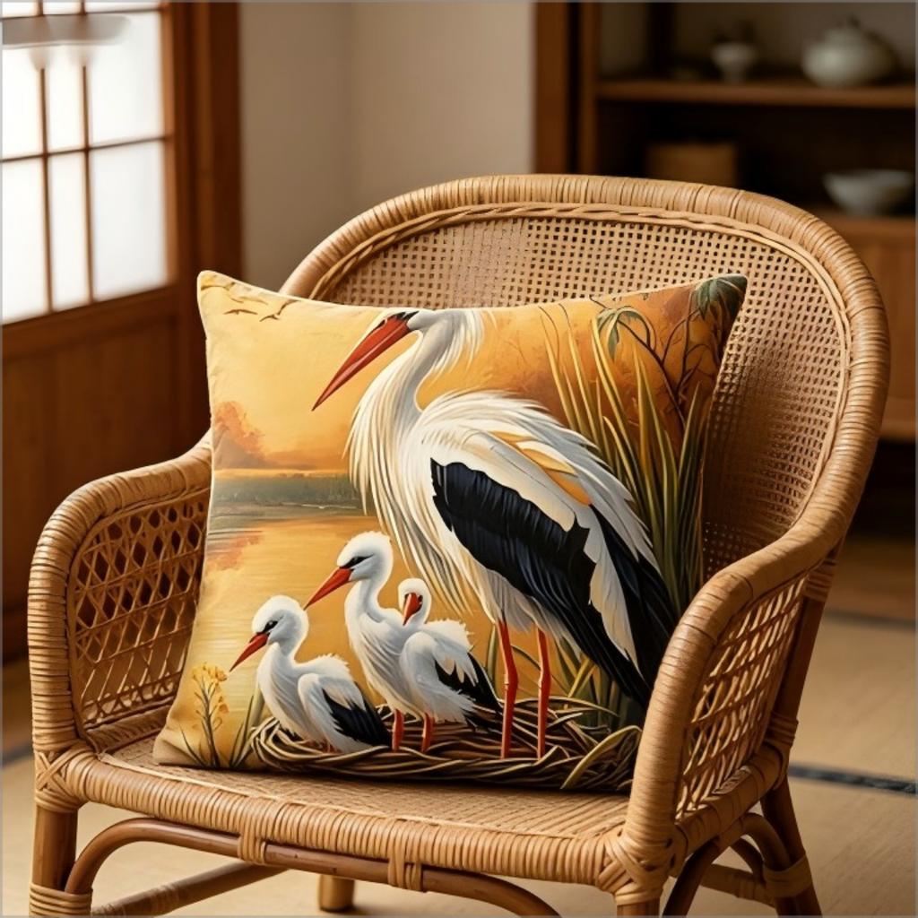 Stork Family Wildlife Print Throw Pillow Cover, Sunset Wetland Bird Art Decorative Cushion For Living Room Bedroom Sofa Couch