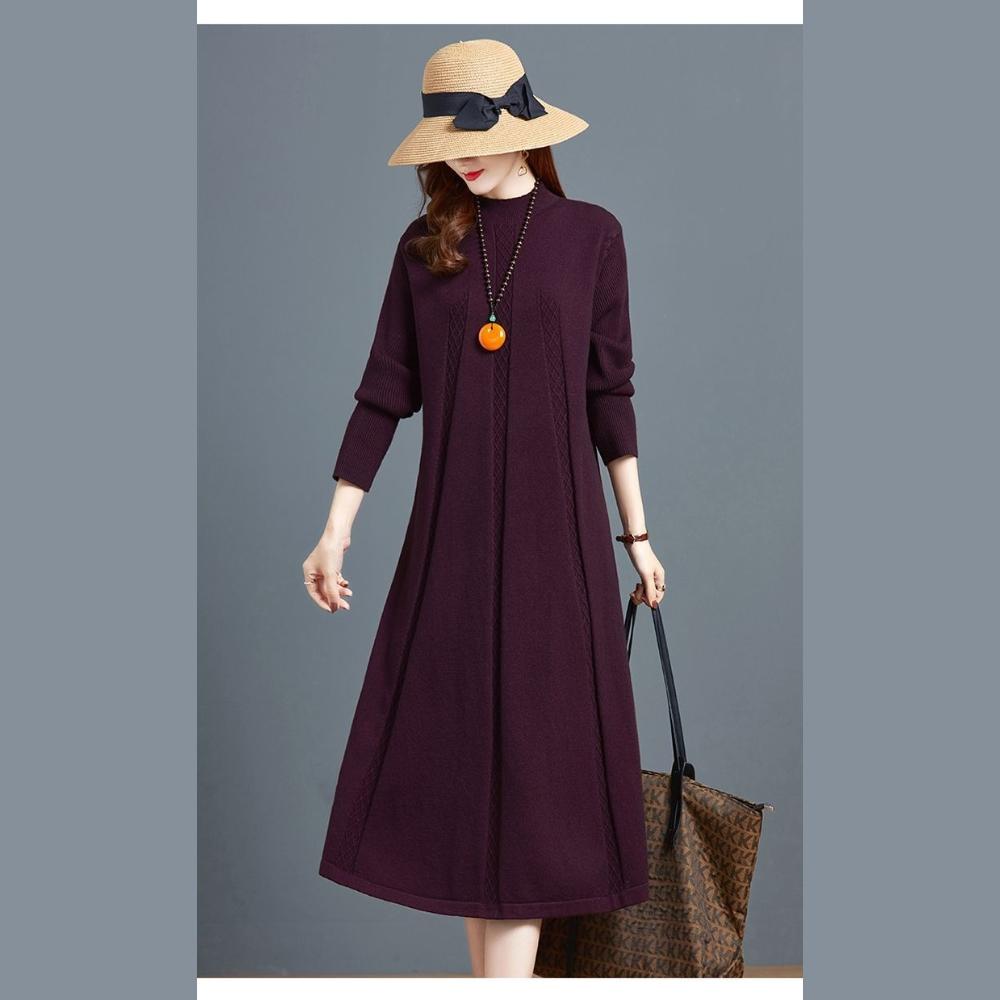 Long Knee-length Knitted Dress for Women In Autumn and Winter Solid Color Loose Plus-size Sweater Dress Half Turtleneck Sweater A-line Dress