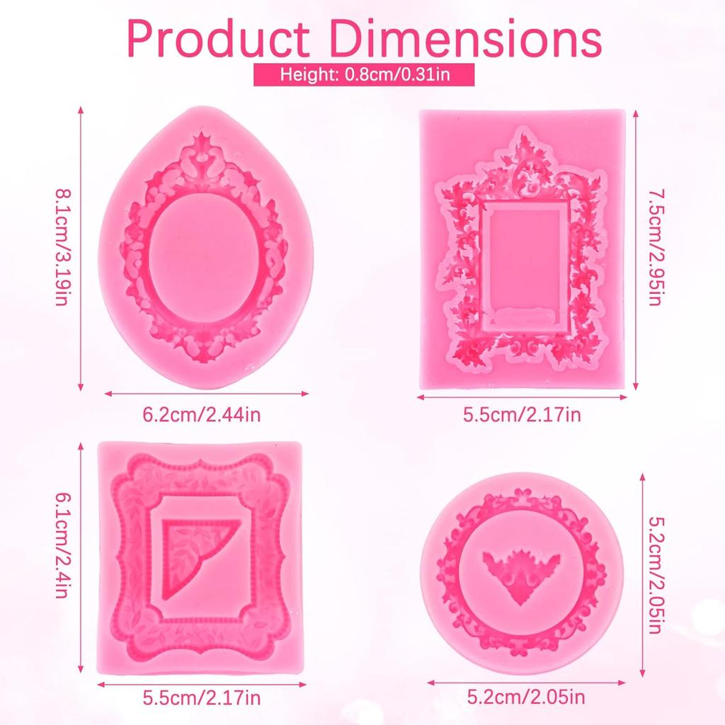 4pcs Photo Frame Silicone Molds, Pink Vintage Picture Frame Baroque Style Air Dry Clay Fondant Mold for Baking Chocolate Candy Desserts Polymer Clay