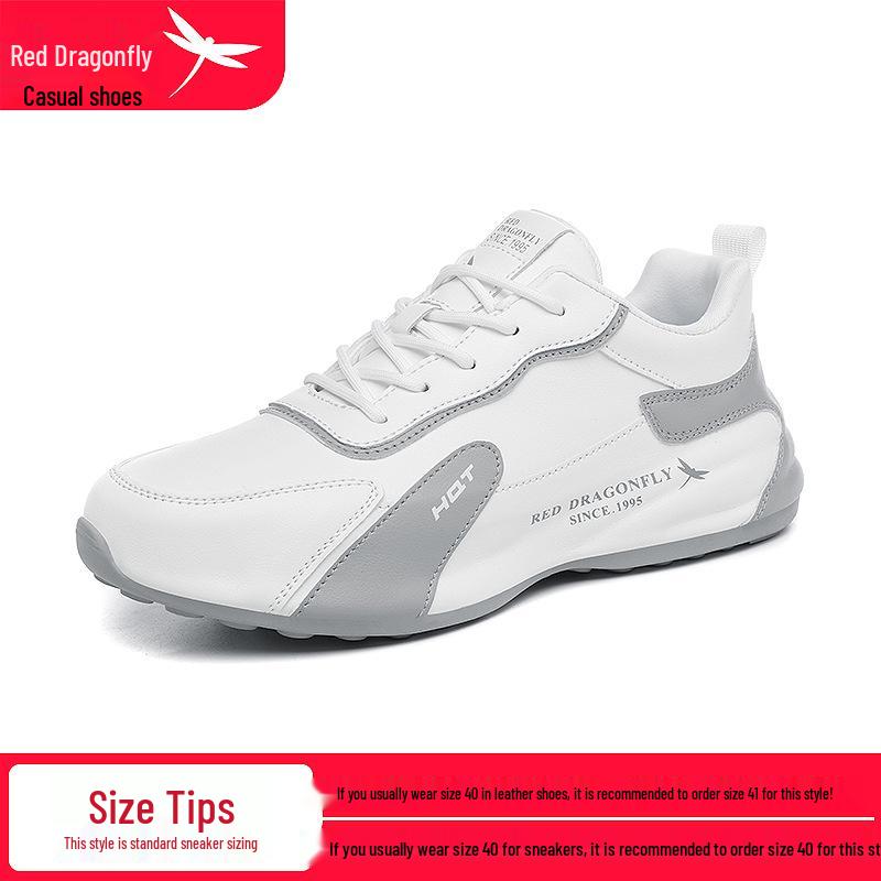Red Dragonfly Men's Waterproof Leather Sneakers with Mesh Upper, Thick Rubber Sole, and Height Boost for Spring/Autumn Travel