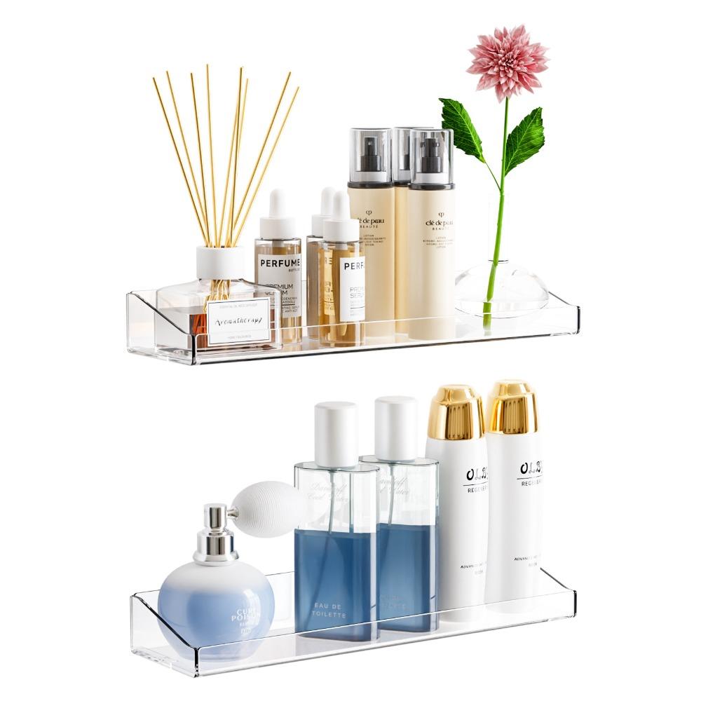 No Drill Acrylic Display Stand, Clear Cosmetic Organizer Tray, Multi-purpose Bathroom Storage Shelf for Toiletries
