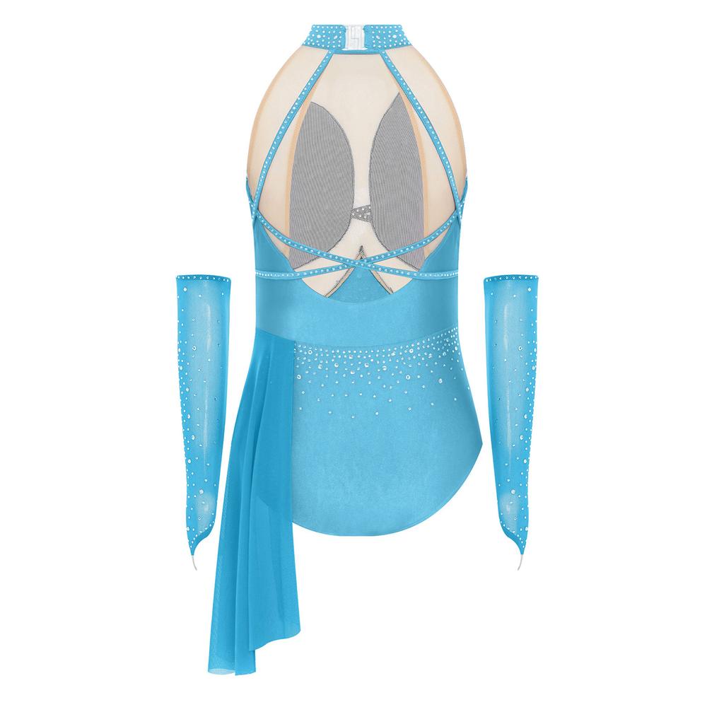 Mädchen Eiskunstlauf Performance Kleid Cutout Rücken Glänzende Strasssteine Transparente Netz-Patchwork Asymmetrischer Rock-Leotard Handschuhe